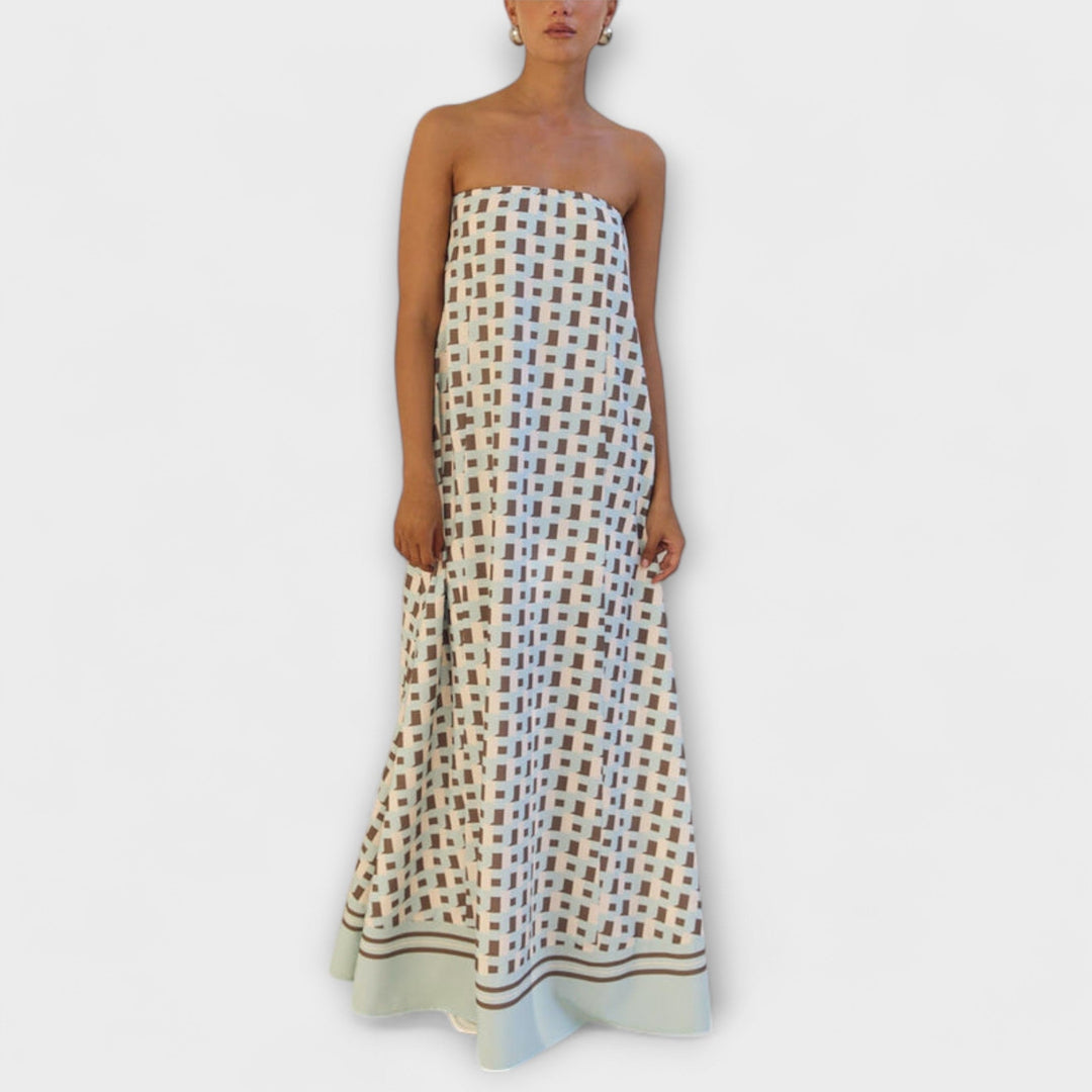 Rjava - Vestido maxi geométrico único con hombros al descubierto
