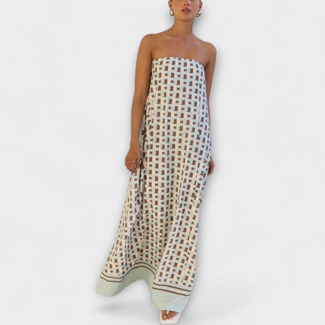 Rjava - Vestido maxi geométrico único con hombros al descubierto