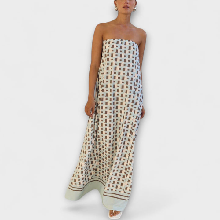 Rjava - Vestido maxi geométrico único con hombros al descubierto
