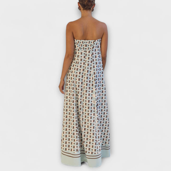 Rjava - Vestido maxi geométrico único con hombros al descubierto