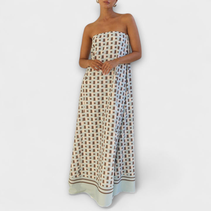 Rjava - Vestido maxi geométrico único con hombros al descubierto