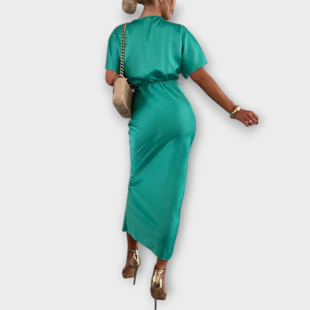 Sable - Vestido maxi con escote en V y nudo cruzado de satén resistente