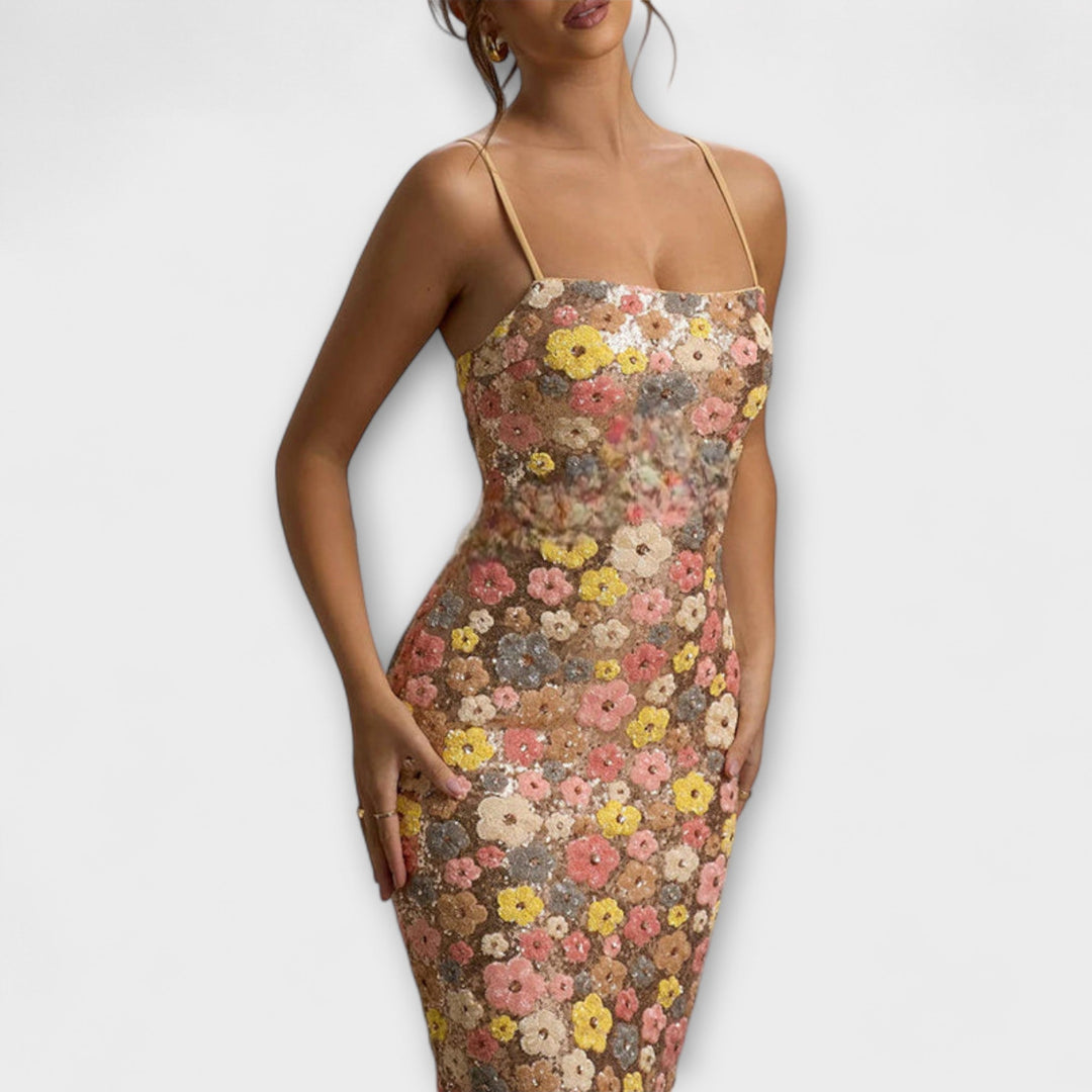 Oakley - Maxi Vestido con Flores y Brillo al Estilo de los Años 80