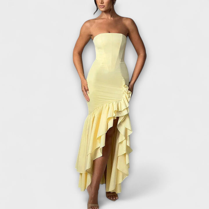 Zuri - Vestido maxi con hombros al descubierto y dobladillo asimétrico