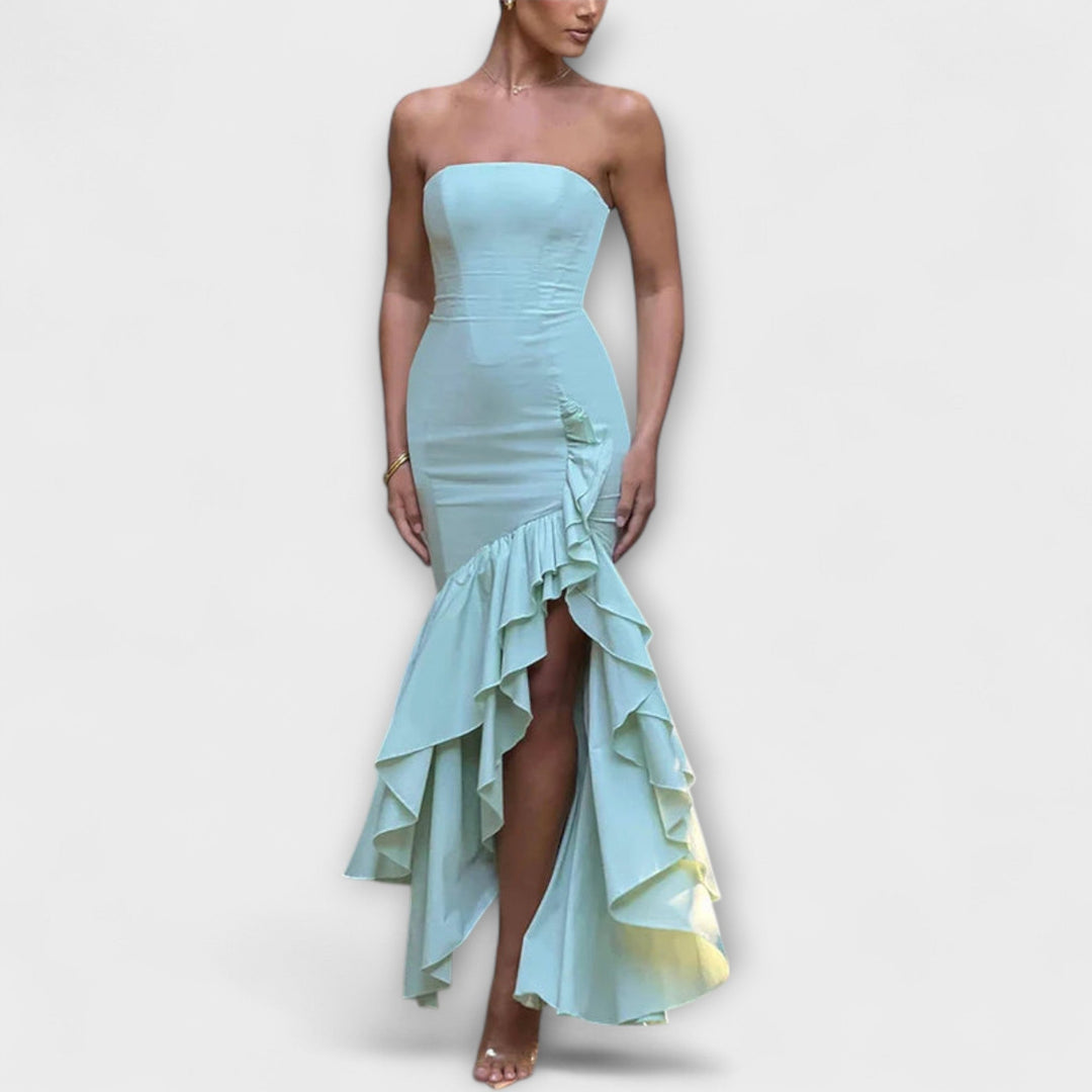 Zuri - Vestido maxi con hombros al descubierto y dobladillo asimétrico