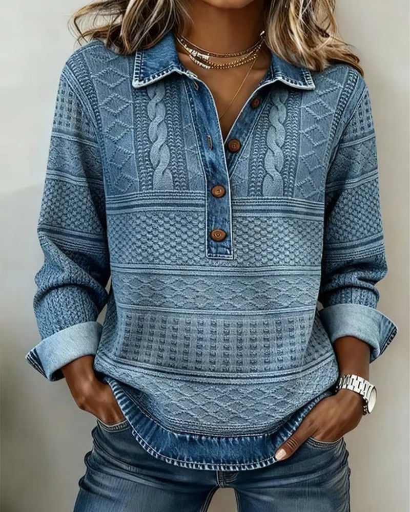 Melkorka | sudadera con cuello denim y medio botón
