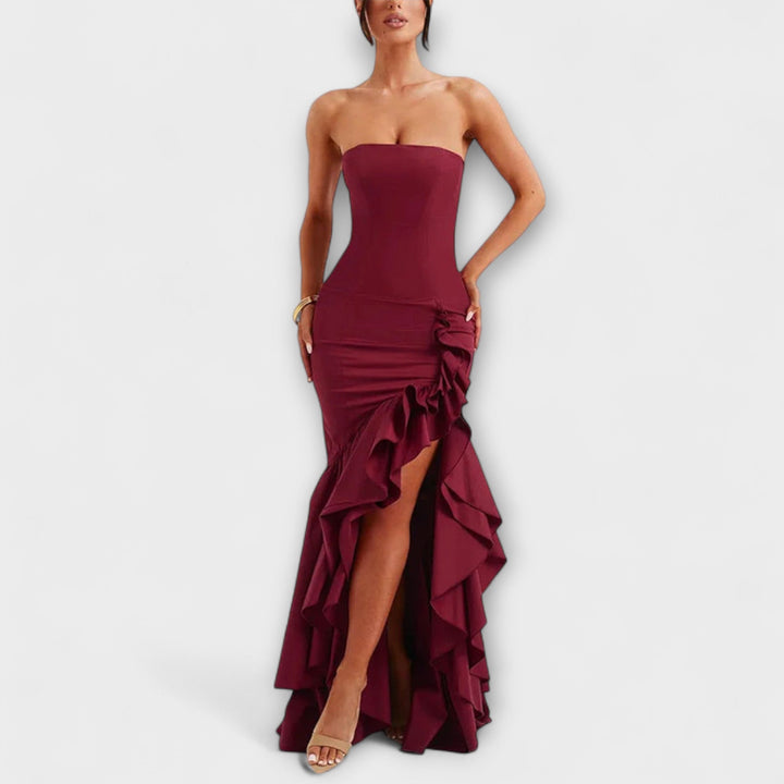 Zuri - Vestido maxi con hombros al descubierto y dobladillo asimétrico
