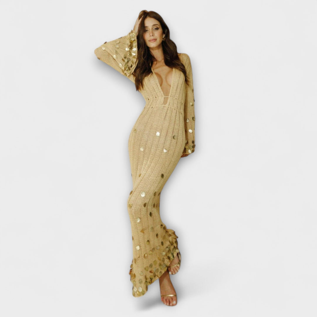 Kathleen - Vestido largo de punto dorado de Dolly