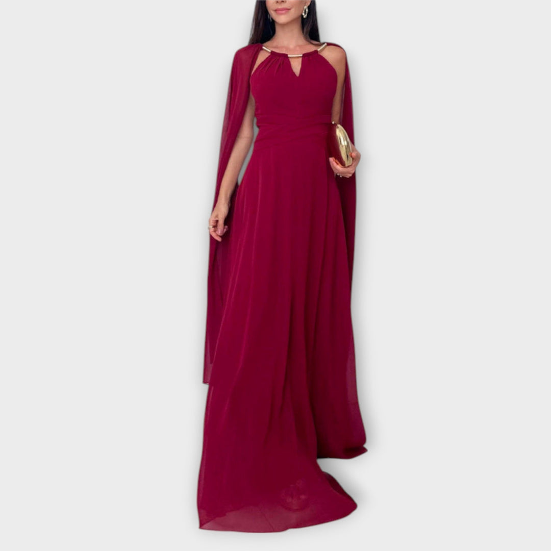 Mabel - Elegantes vestido maxi con capa y alto slit