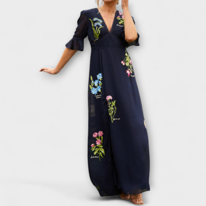 Beatrice - Elegantes vestido azul marino con bordado floral