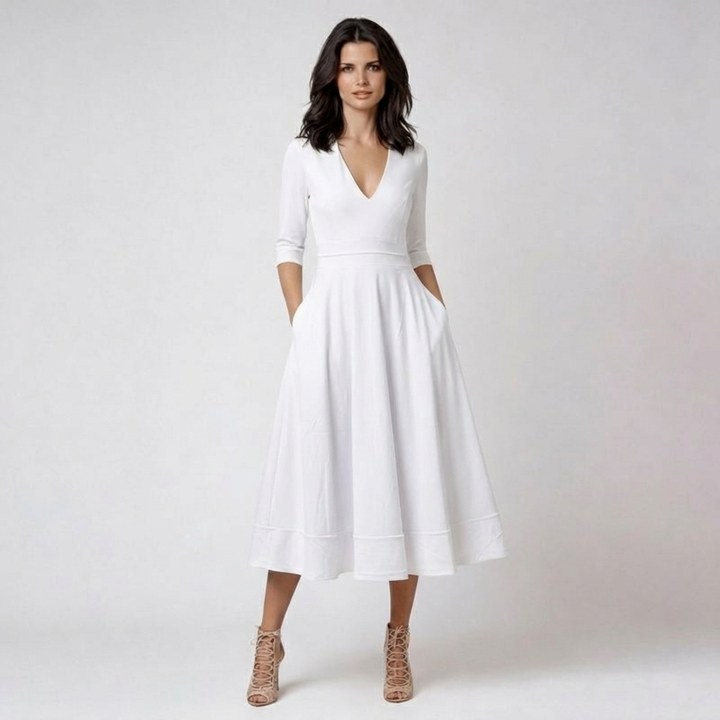 Lucia | Mujer Blanco Vestido Midi Con Escote En V Profundo Y Mangas 3/4 | Elegante
