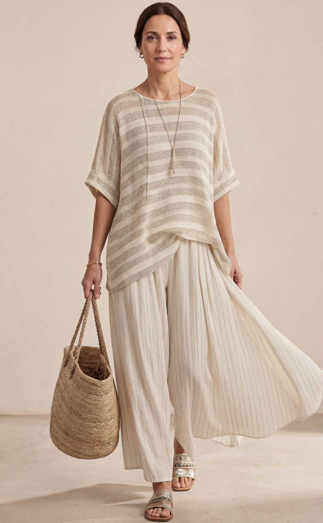 Graziella — Top a rayas de bambú natural y pantalones de lino fluidos