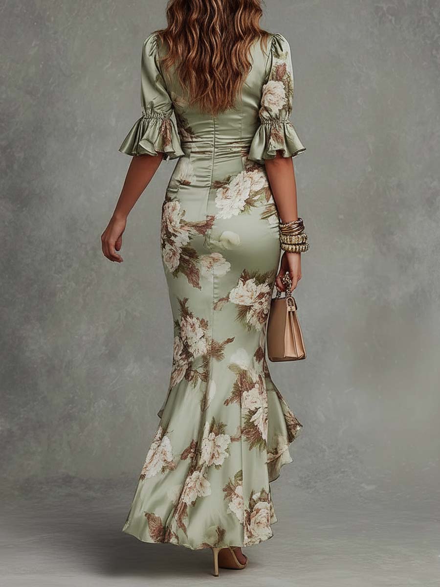 Amparo | Vestido Largo de Satén con Estampado Floral