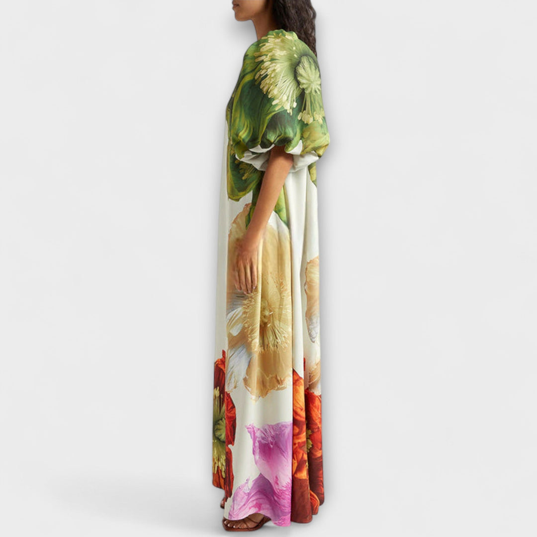 Skylar - Maxi vestido con estampado floral, escote asimétrico y mangas abullonadas