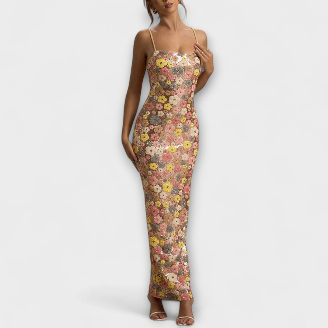 Oakley - Maxi Vestido con Flores y Brillo al Estilo de los Años 80