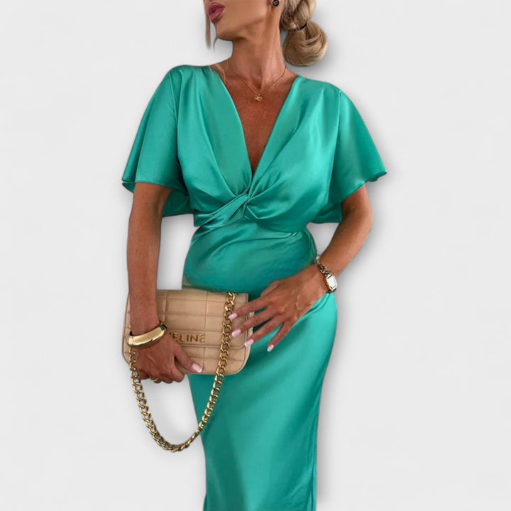 Sable - Vestido maxi con escote en V y nudo cruzado de satén resistente