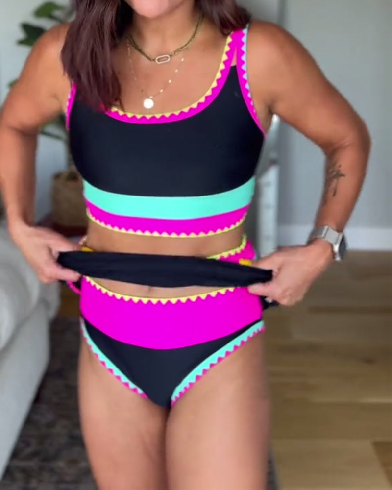 Myra™ | Elegante traje de baño de tres piezas con diseño a bloques de color