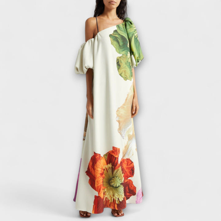 Melódia - Vestido maxi floral asimétrico