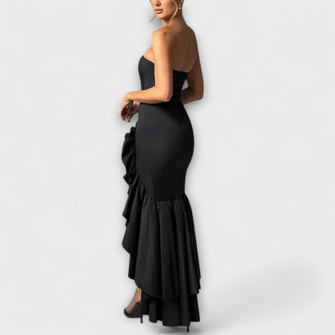 Zuri - Vestido maxi con hombros al descubierto y dobladillo asimétrico