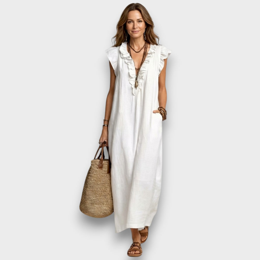 Josette - Vestido Maxi de Lino con Volantes y Escote en V