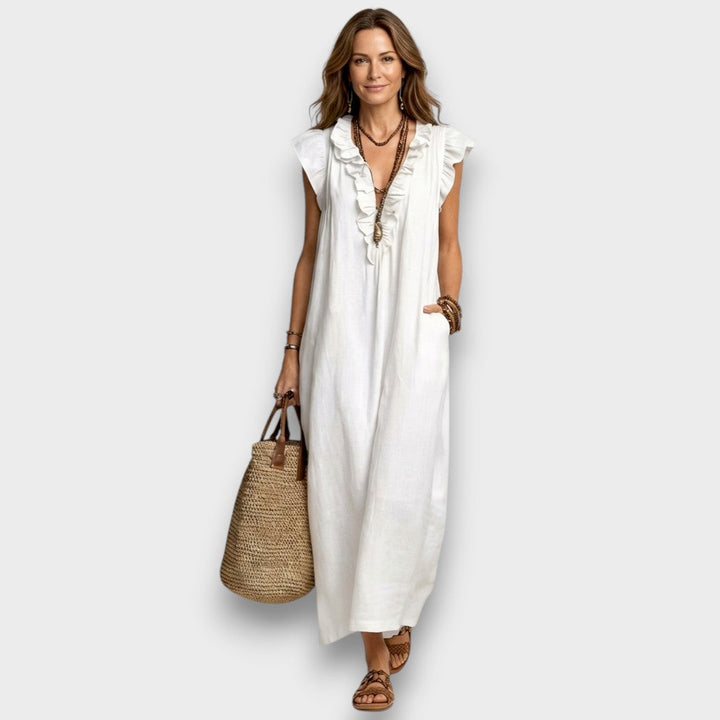 Josette - Vestido Maxi de Lino con Volantes y Escote en V