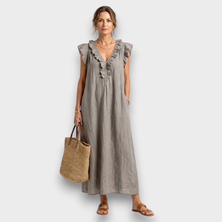 Josette - Vestido Maxi de Lino con Volantes y Escote en V