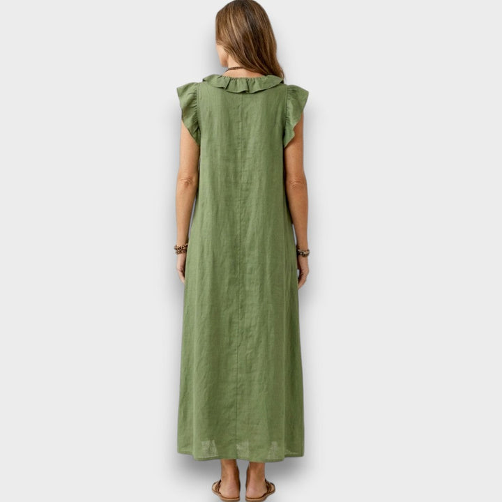Josette - Vestido Maxi de Lino con Volantes y Escote en V